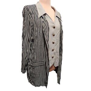 Vintage Dress Savvy NY 14 Black Beige Striped Blazer Vest Combo Gold Button 80s